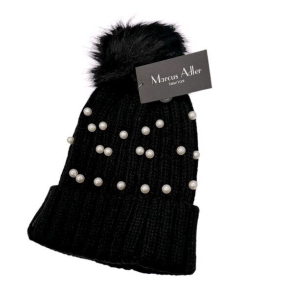 NWT Marcus Adler Black Knit Faux Pearl And Beaded Bling Warm & Comfy Beanie Hat - Picture 4 of 6